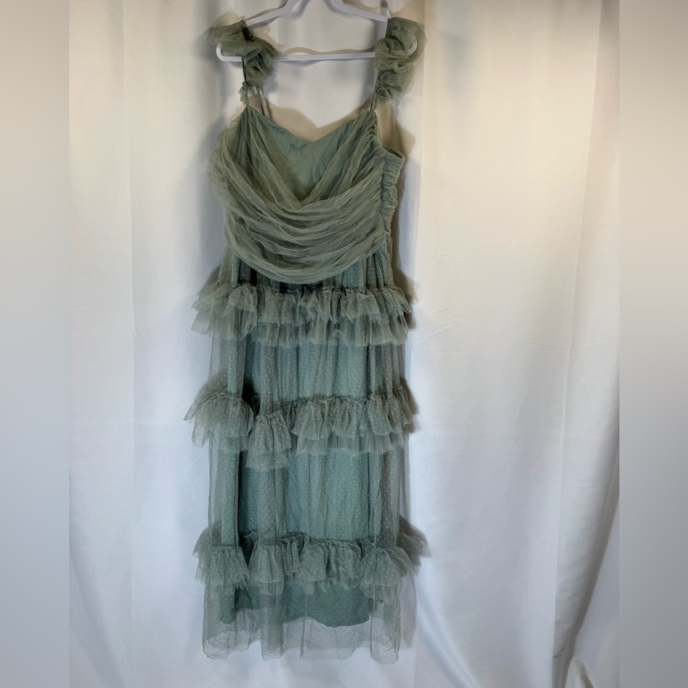 Lulus Pure Radiance Sage Brush Mesh Swiss Dot Tierred Maxi Dress 2X